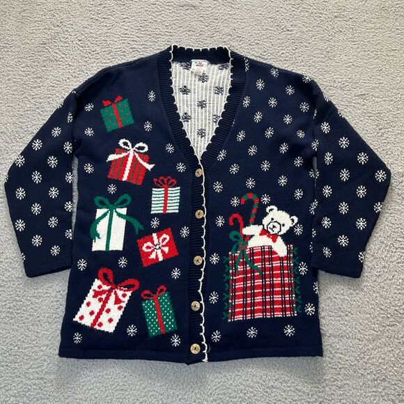 Vintage Nutcracker Sweater Womens Medium Blue Christmas‎ Cardigan Granny Core - Picture 1 of 11